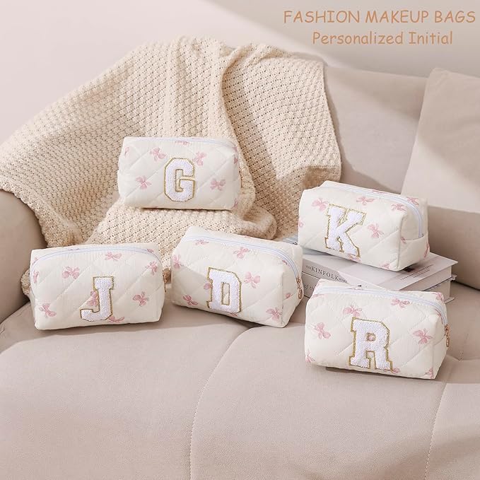 Gleyemor Personalized Initial Makeup Bag for Women, Cute Quilted Pink Floral Cotton Cosmetic Bag, Christmas Gifts for Her Mom Friend Sister Bridesmaid Teacher Women I