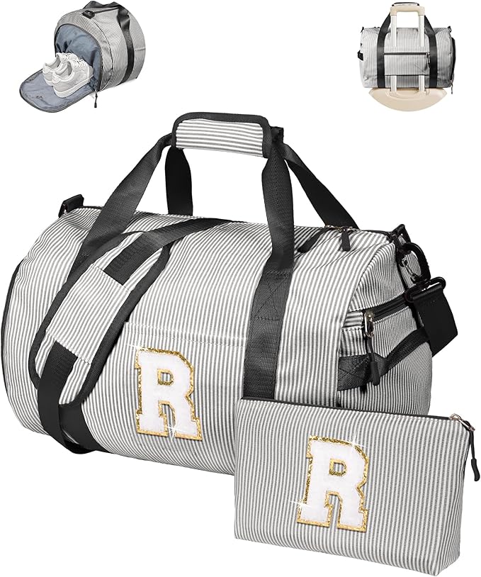 Christmas Gifts For Teenager, Girls Travel Duffle Bag, Kids Initial Overnight Bags with Shoe Compartment, Monogram Weekender Bag with Makeup Pouch, Dorm Room Essentials for Teen (Letter R)
