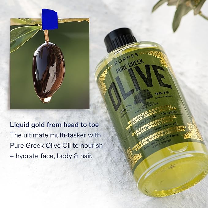 KORRES Extra Virgin Olive Oil for Face, Hair and Body, Moisturizer for Dry Skin and Hair, Pure, Greek Cold Pressed Olive Oil, Multi-Tasker Skincare for Women, Hydrating and Nourishing, 3.38 fl oz