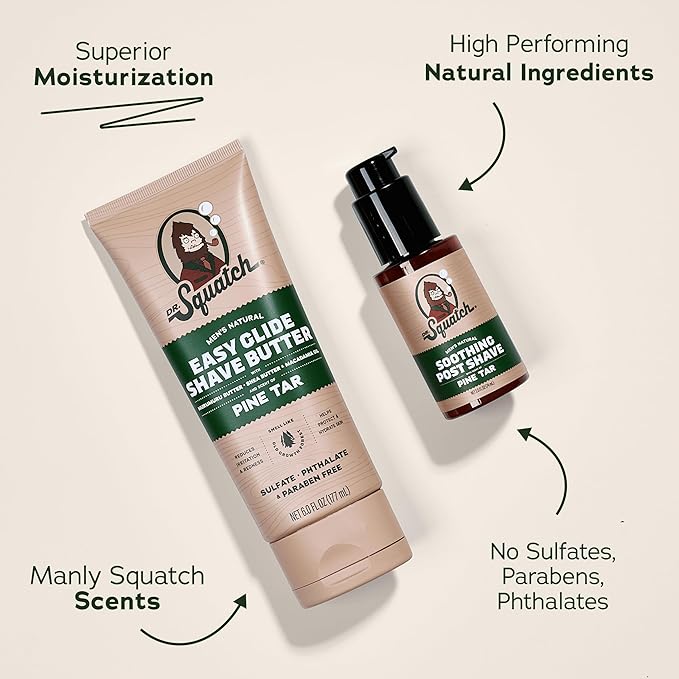 Dr. Squatch Pine Tar Smooth Shave Bundle - Easy Glide Butter + Soothing Post Shave - Natural Ingredients - Manly Fragrance - Moisturizing