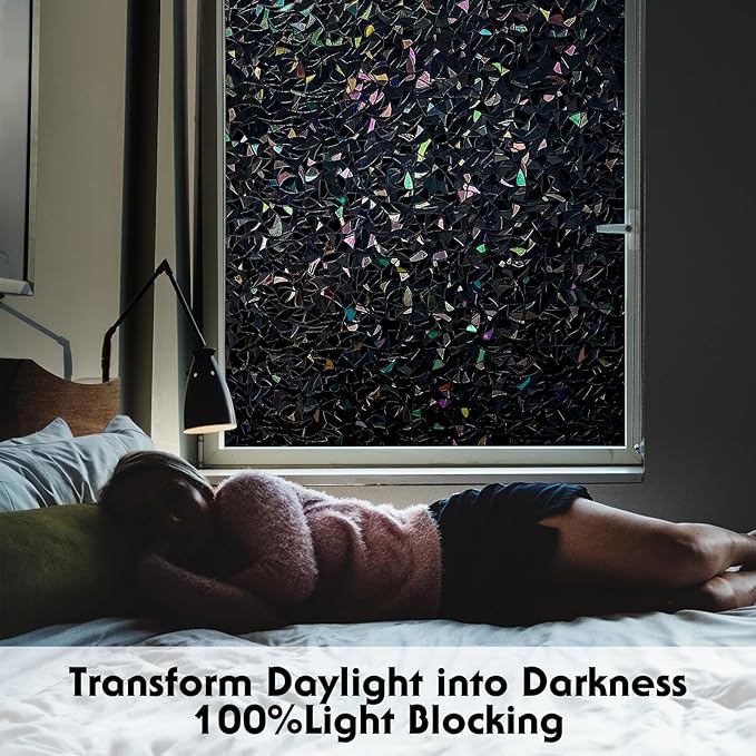 Volcanics Total-Blackout-Window-Privacy-Film, Rainbow Room Darkening Black Window Cover, Static Cling 100% Light Blocking 35.4 x 78.7 Inches