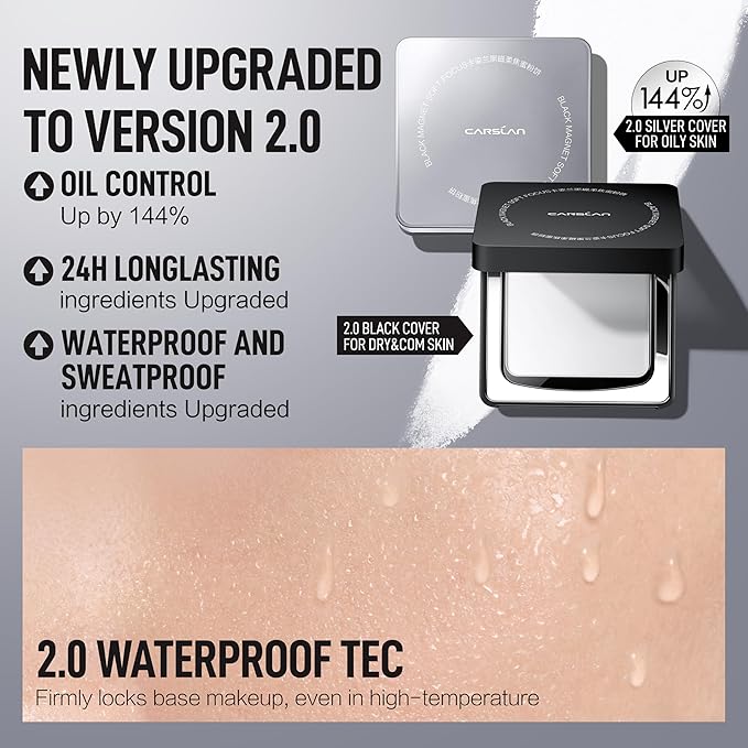 CARSLAN 2.0 Black Magnet Soft Focus Powder, Waterproof Translucent Pressed Setting Powder, 24H Longlasting Talc-Free Face Powder, Oil Control Compact Makeup,01 Translucent For Dry&Com Skin, 0.28Oz