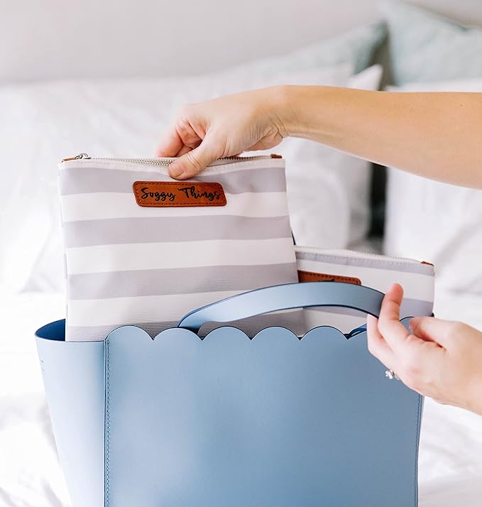 Stylish Diaper Bag Organizing Pouches - XL Set of 4 Light Blue Canvas Diaper Bag Pouches with Leather Embossed Labels, Leather Wristlet Strap & Durable Metal Zippers