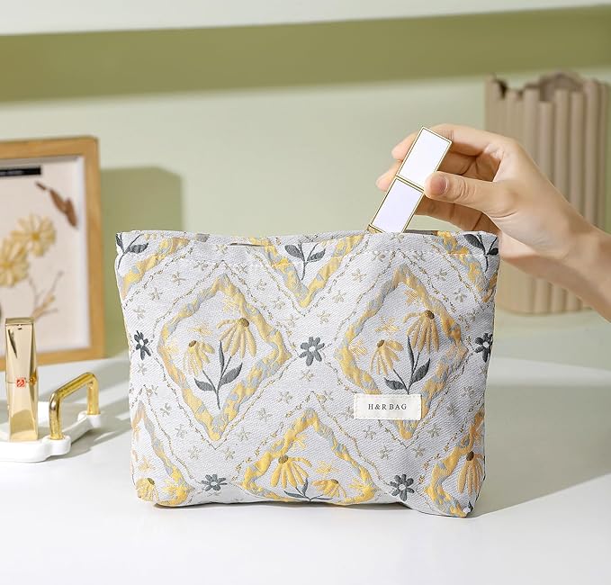 2 Pcs Makeup Bags, Large Cosmetic Bag Travel Toiletry Bag Organizer for Women, Embroidery Craft, Floral Makeup Bag Small Cosmetic Pouch Purse with Zipper Gifts for Girls Teen