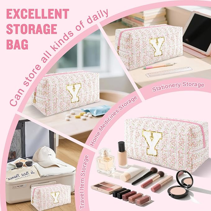 Personalized Quilted Cosmetic Bag, Puffy Monogrammed Christmas Birthday Gifts for Women & Girls, Cute initial Floral Makeup Bag Puffer Coquette Bag, Aesthetic Travel Toiletry Zipper Pouch(Pink,Y)