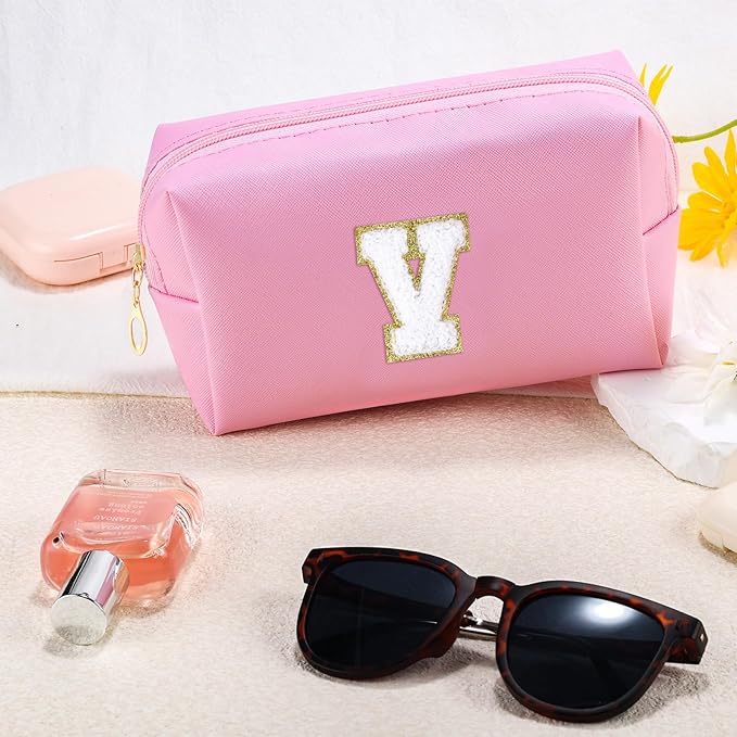 Initial Makeup Bag Personalized Preppy Travel Small Cosmetic Bag Cute PU Pink Chenille Letter Makeup Pouch for Purse Waterproof Zippered Toiletry Organizer for Women Girls Kids Friends (V)