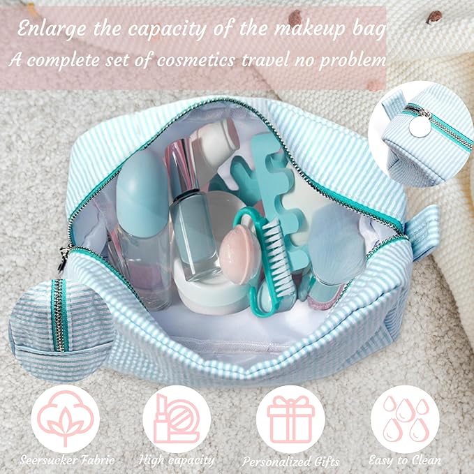Custom Makeup Bag Personalized Cosmetic Bag Cute Seersucker Travel Toiletry Bag for Women Embroidered Bag Organizer for Bride Makeup Bag Gift Blue