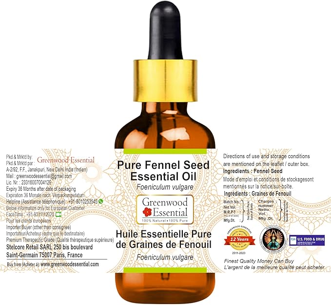 Greenwood Essential Pure Fennel Seed Essential Oil (Foeniculum vulgare) with Glass Dropper Steam Distilled (Pack of Three) 100ml X 3 (10.1oz)