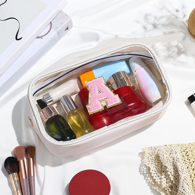 YOOLIFE Initial Make Up Bag Travel Toiletry Bag, Clear Makeup Bag Preppy Cosmetic Bag Clear Makeup Bags With Zipper Girlfriend Teacher 7 Year Old Girl Gifts Daughter Gifts Swim Gifts For Girls White V
