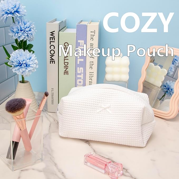 PAZIMIIK 2PCS Cozy Makeup Bag Travel Cosmetic Bag for Women Soft Toiletry Bag Aesthetic Makeup Organizer Portable Large Zipper Pouch for Skincare Beauty Accessories Brushes Waffle Check White