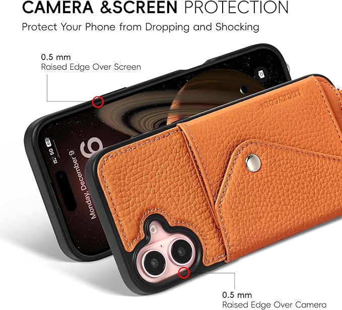 LUCKYCOIN Crossbody Wallet Phone Case for iPhone 16 Plus,100% Genuine Leather Wallet Phone Case with Expandable Flip Card Holder,Phone Purse for Women with Adjustable Removable Strap - Pebble Brown
