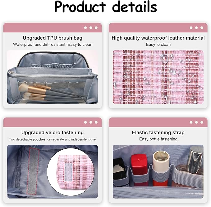 BOYATU Travel Makeup Bag for Women: Large Capacity Open Flat Make up Bag Set of 3 - Vegan Leather Cosmetic Bag with Compartments - Waterproof Toiletry Bag with Handle & Divider(I-1-Pink)