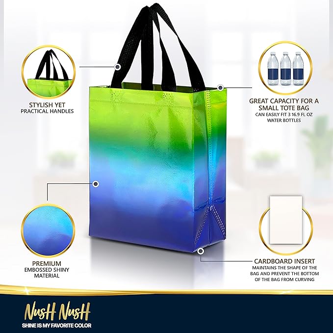 Nush Nush Set of 12 Gradient Medium Gift Bags - 4 Stunning and Shiny Reusable Gift Bags With Handles - Ideal Goodie Bag for Birthday Party, Wedding Party Favors, Christmas, Thanksgiving - 8x4x10
