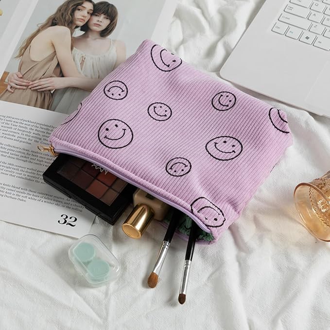Cosmetic Bags for Women - Corduroy Cosmetic Bag Aesthetic Women Handbags Purses Smile Dots Makeup Organizer Storage Makeup Bag Girls Case Bags (Double Purple Green)