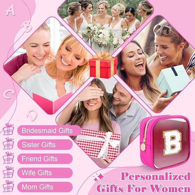 Personalized Initial Letter Clear Preppy Makeup Bag,Mini Nylon Chenille Letter Cosmetic Bag Cute Zipper Pouch Coin Purse for Teen Girls,Portable TSA Approved Travel Essentials Bag Gift for Women,B