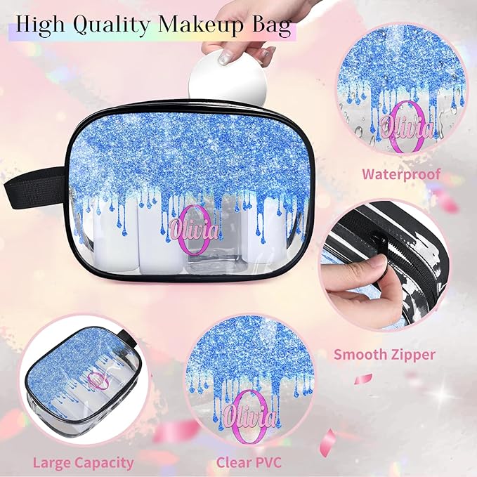 Personalized Travel Transparent Cosmetic Bag Waterproof Makeup Bags, Custom Name Light Sky Blue Curtain Glittering Romantic Organizer Case Clear Toiletries Container Bag