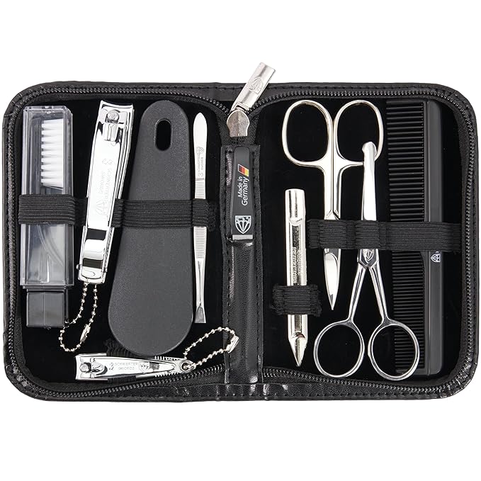 3 Swords Germany - brand quality 10 piece manicure pedicure grooming kit set for professional finger & toe nail care tweezers file clipper fashion leather case in gift box, Made by 3 Swords (02570 )