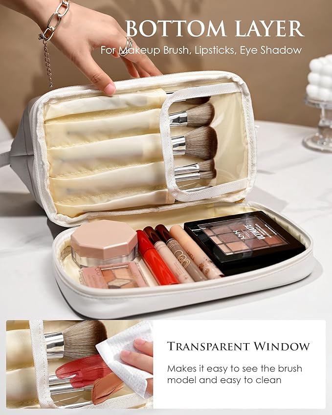 Gifts for Her Birthday-Gift Ideas for Woman Initial Large Makeup Bag, Personalized Double Layer Cosmetic Bag with Makeup Brush Organizer, Waterproof, Travel Toiletry Bag for College Girls