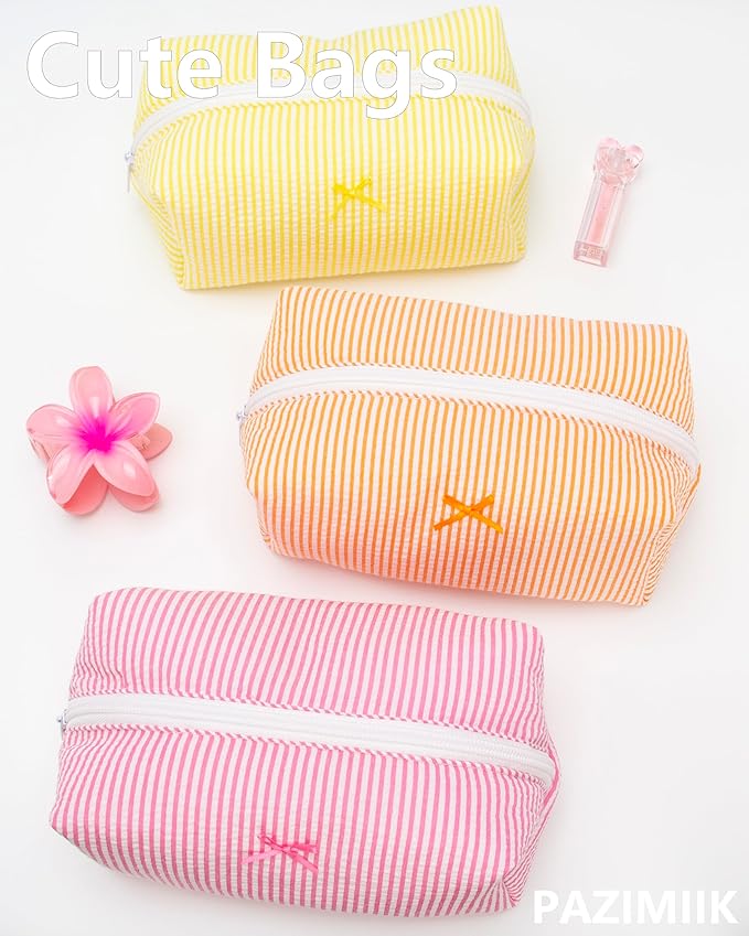PAZIMIIK Cozy Makeup Bag Small Aesthetic Travel Zipper Cosmetic Pouch for Women Make Up Beauty Accessories Brushes, Stripe Yellow
