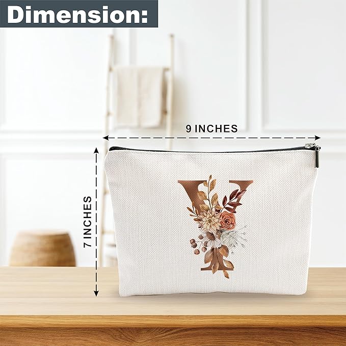 A-Z Boho Personalized Cosmetic Bag-Floral Cotton Letter Makeup Bag With Zipper-Artistic Cosmetic Bag For Travel-Bride,Birthday Gift For Women Daughter Friends-Women Makeup Organizer-A25