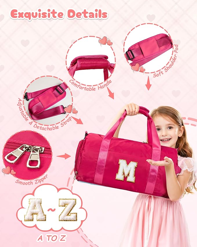 Teenager Girl Gift Ideas, Girls Travel Duffel Bag, Kids Initial Overnight Bags with Shoe Compartment, Customized Sport Gym Weekender Bag with Makeup Pouch, Preppy Stuff (Letter F)