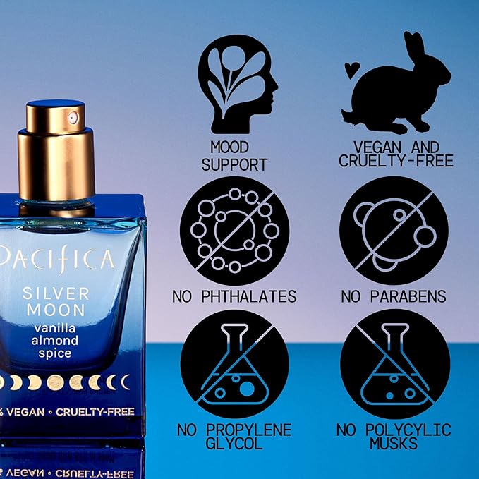 Pacifica Silver Moon Perfume 1oz – Long-Lasting Warm Vanilla & Almond Clean Fragrance for Women Vegan, Cruelty-Free, Essential Oils, Non Toxic