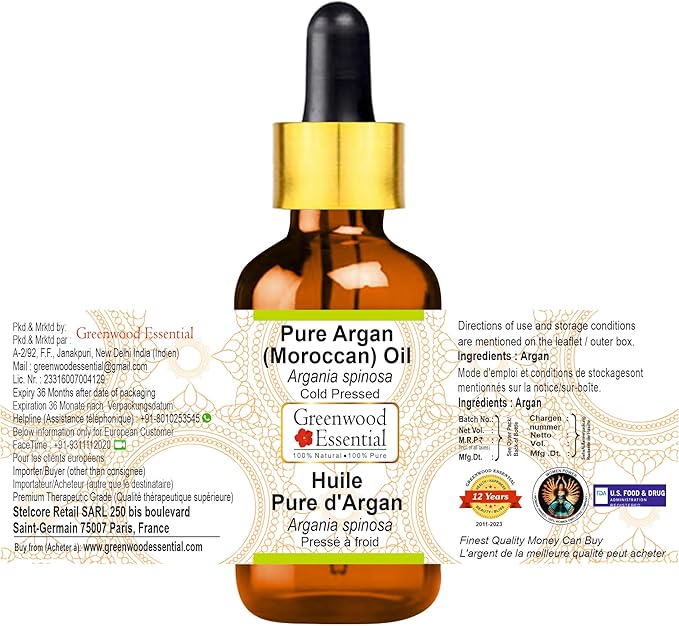 Greenwood Essential Pure Argan (Moroccan) Oil (Argania spinosa) with Glass Dropper 100% Natural Therapeutic Grade Cold Pressed for Personal Care 15ml (0.50oz)