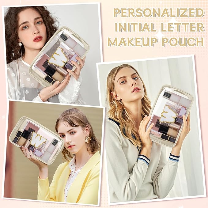 Personalized Initial Clear Makeup Bag, Travel Chenille Patch Cosmetic Bag, Preppy Toiletry Bag Monogram Cosmetic Pouch with Zipper, Ideal Gift for Teen Girls Women (Clear-Beige, W)