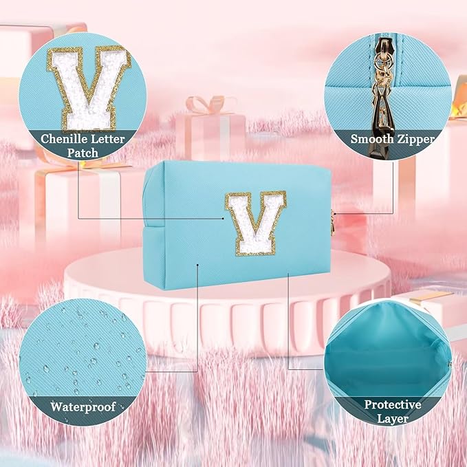 Small Personalized Letter Makeup Bag, Cute PU Leather Chenille Letters Cosmetic Bag Travel Makeup Pouch, Preppy Travel Organizer Zipper Pouch for Women&Girls（Blue-V）