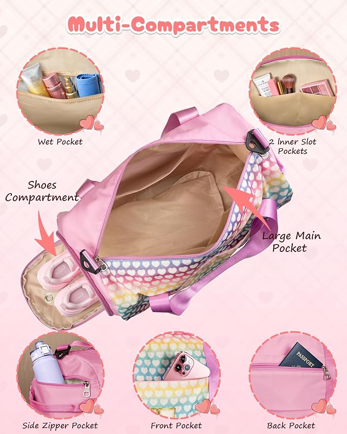 Gifts for 6 7 8 9 10 Year Old Girl, Girls Travel Duffel Bag, Kids Initial Overnight Bags with Shoe Compartment, Personalized Weekender Bag with Makeup Pouch, Trendy Stuff (Letter T)