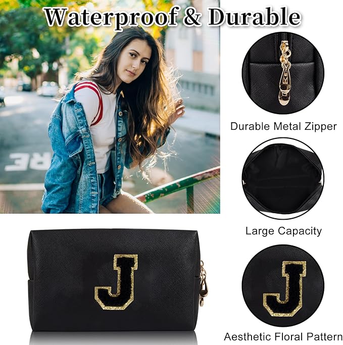 Personalized Initial Letter Patch Makeup Bag, Preppy Portable Chenille Letter Cosmetic Bag with Zipper, PU Leather Waterproof Travel Toiletry Bag Monogram Make Up Pouch for Women Girls