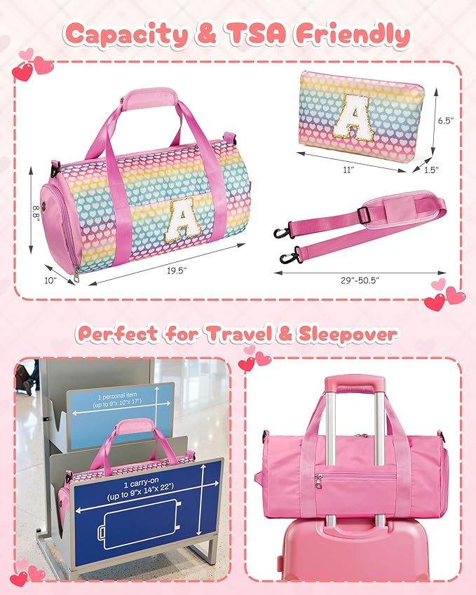 Birthday Gift for Granddaughter, Girls Travel Duffel Bag, Kids Initial Overnight Bags with Shoe Compartment, Personalized Weekender Bag with Makeup Pouch, Trendy Stuff (Letter L)