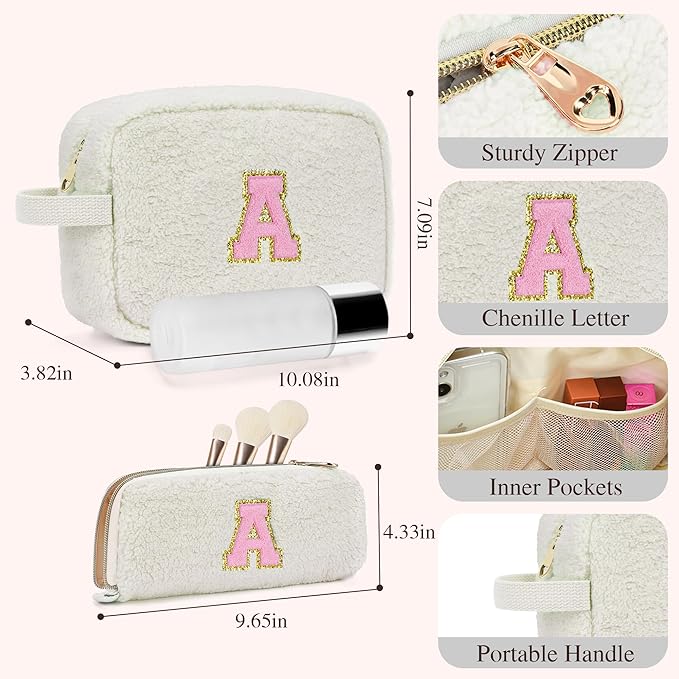 for Christmas Day Gifts, Travel Makeup Bag for Women, Initial Make Up Bag Set for 6 7 8 9 10 11 12 13 Years Old Kids Tween Girls, Large Cosmetic Skincare Bags for Birthday Gifts, White E
