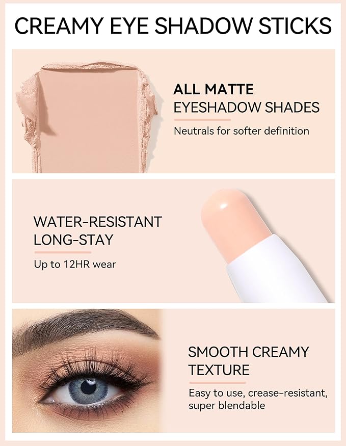 Erinde Waterproof Cream Eyeshadow Stick, Matte Nude Eye Shadow Sticks, Longwear Blendable High Pigmented, Neutral Eye Shadow Sticks Matte for Older Eyes, Smokey Eyeshadow Pencil Crayon, Nude beige