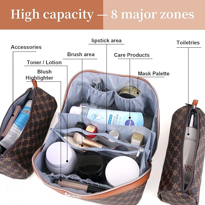 BOYATU Travel Makeup Bag Cosmetic Bags for Women: 3 Pcs Set Large Portable Make up Bag with Handle - Vegan Leather Toiletry Bags with Compartments - Makeup Organizer for Travel Essentials(A-1-Coffee)