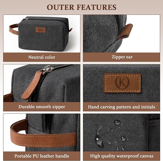 Janhavi Waterproof Travel Bag, Canvas Toiletry Bag for Men, Gifts for Dad, Engraved Initials & Wheat Ear, Groomsmen Gifts, Mens Toiletry Travel Bag, Men's Accessories Organizer (Dark Grey H)