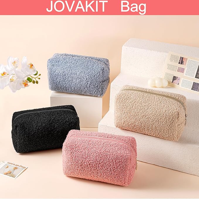 JOVAKIT Travel Makeup Bag Cosmetic Bag for Women, Fashion Christmas Gifts, Plush Zipper Make Up Pouch, Large Capacity Toiletry Organizer Makeup, Portable Storage Bag Trendy Stuff (Blue)