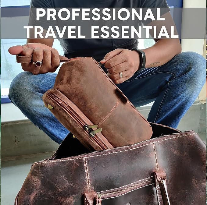 RUSTIC TOWN Leather Toiletry Bag for Men - Travel Gift Shaving Ditty Kit - Bathroom Shower Toiletries Organizer - Cosmetic Makeup Bag for Women