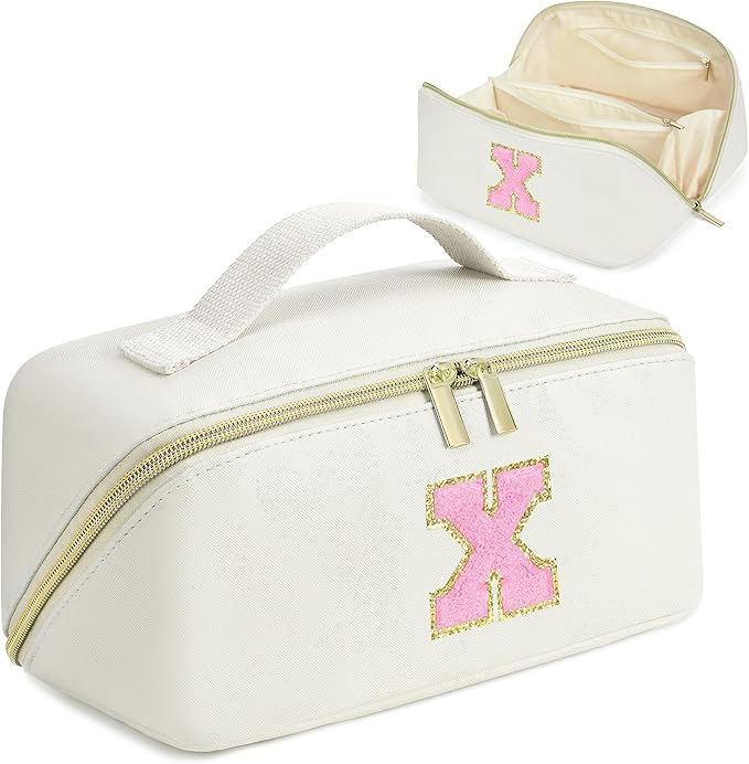 for Christmas Day Gifts, Makeup Bag for Women, PU Leather Travel Toiletry Bags, Initial Make Up Cosmetic Pouch for Teen Girls, Wide Open Portable Skincare Bag, Personalized Birthday Gifts, White X