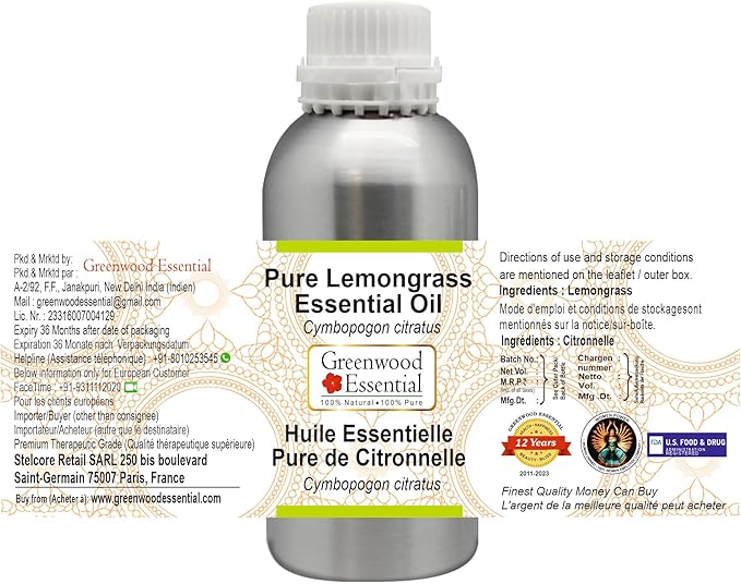 Greenwood Essential Pure Lemongrass Essential Oil (Cymbopogon citratus) Steam Distilled 300ml (10.1 oz)