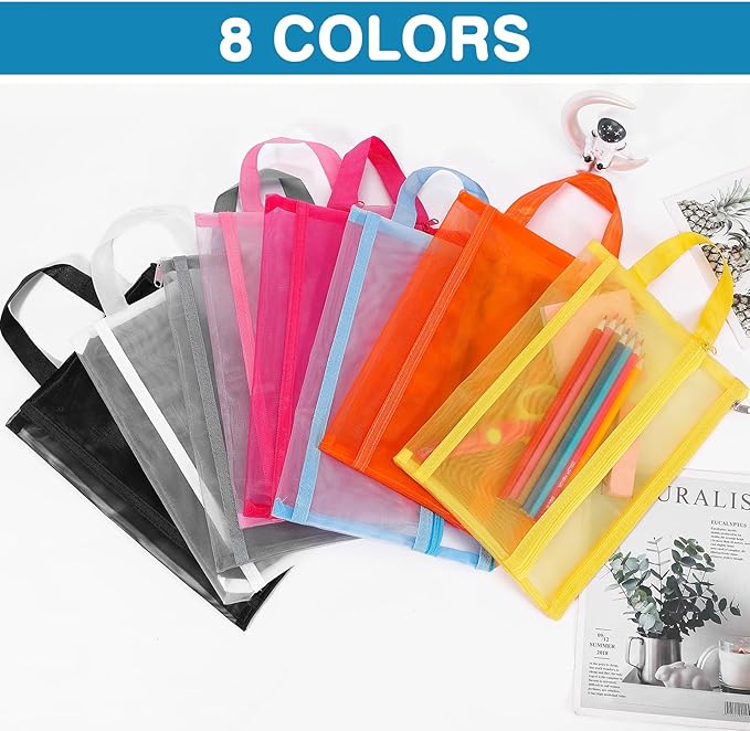 6 Pack Mesh Zipper Pouch Bags, Double Layer Nylon Pouch with Handle for Office Travel Organization (Multicolor, A5)