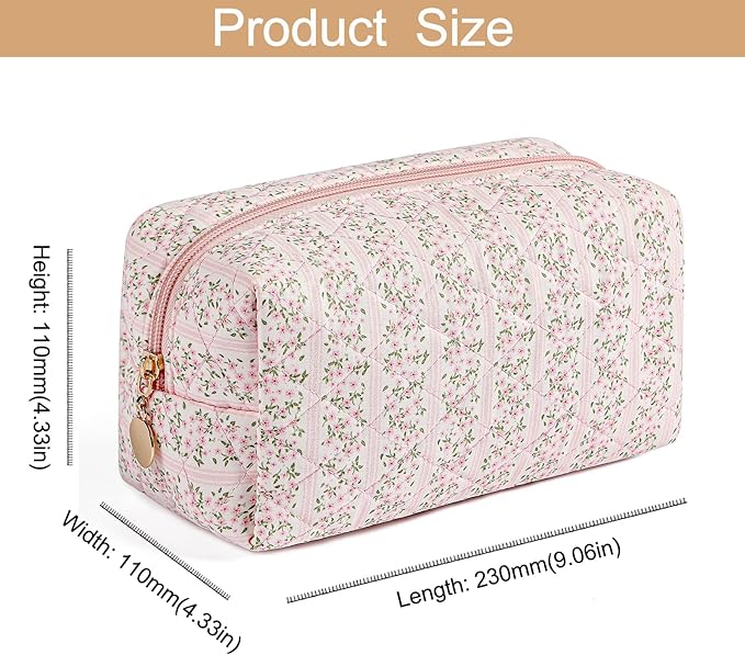 Makeup Bag Travel Cosmetic Bag for Women, Zipper Make Up Pouch, Floral Flowers Toiletry Organizer, Portable Storage Bag, Cosmetic Travel Cloth Bag (Pink+Navy Blue Flower)
