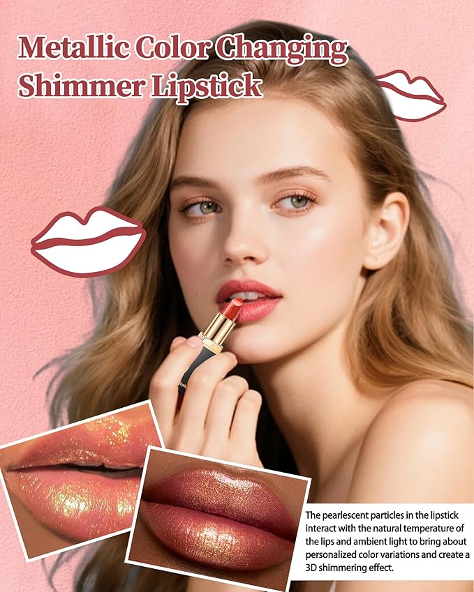 Metallic Pink Color Changing Shimmer Lipstick for Women,3D Shine High Impact Long Lasting Hydrating Transfer Proof Lipstick,Creamy Matte Non Sticky Plumping Lip Gloss,Full Coverage Lip Color Makeup 05