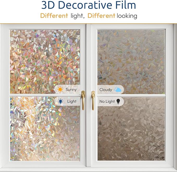 rabbitgoo Window Privacy Film Rainbow Film Decorative Window Sticker, 3D Static Stained Glass Cling Tint for Home Heat Control Non-Adhesive, Brown, 23.6 x 78.7 inches