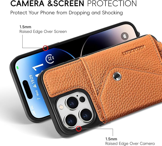 LUCKYCOIN Crossbody Wallet Phone Case for iPhone 14 Pro,100% Genuine Leather Wallet Phone Case with Expandable Flip Card Holder,Phone Purse for Women with Adjustable Removable Strap - Pebble Brown