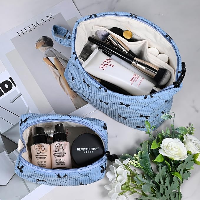 Small Cosmetic Bag set for Women Corduroy Makeup Bag with Interior Pocketes Cute Corduroy Makeup Pouches Women Small Toiletry Bag (Blue Bowknot)