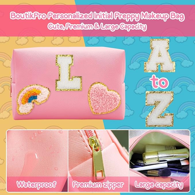 Personalized Inital Preppy Makeup Bag Set with Zipper, Monogram Waterproof Travel Cosmetic Bag for Women, Cute Preppy Patch Toiletry Bag for Traveling Outdoors, Gift Ideal for Christmas Thanksgiving
