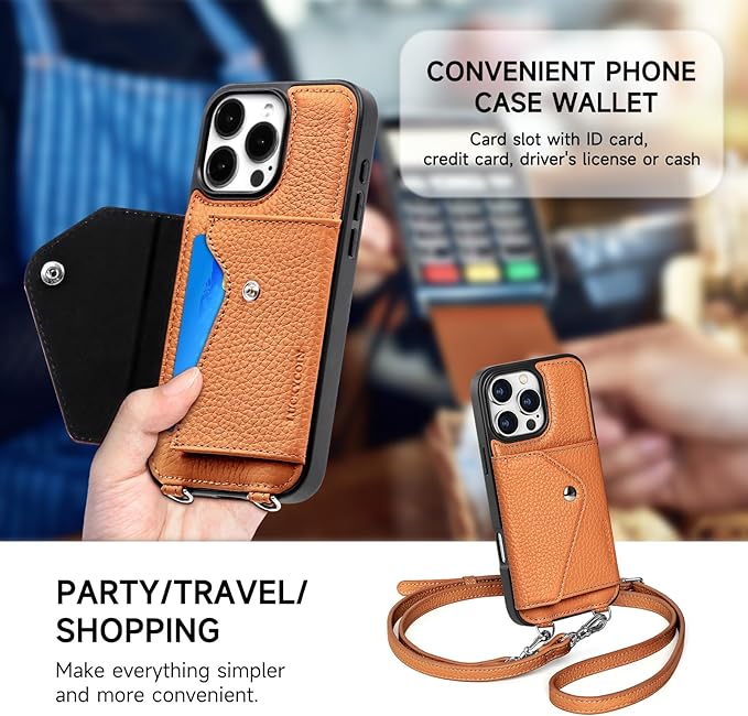 LUCKYCOIN Crossbody Wallet Phone Case for iPhone 16 Pro Max,100% Genuine Leather Wallet Phone Case with Expandable Flip Card Holder,Phone Purse for Women with Adjustable Removable Strap - Pebble Brown
