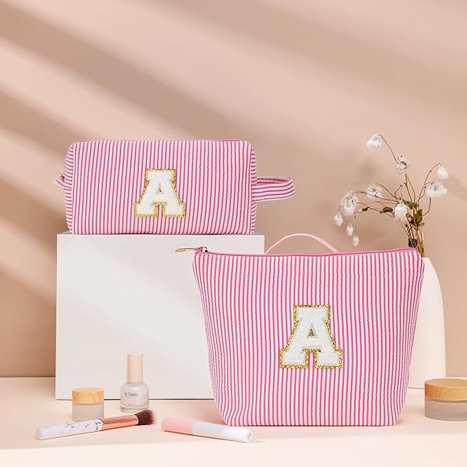 Travel Essentials - Portable Travel Makeup Bag Set for Women, Portable Initial Travel Toiletry Bag, Makeup Pouch Organizer Cosmetic Bag Birthday Gifts for Women, Pink Letter D