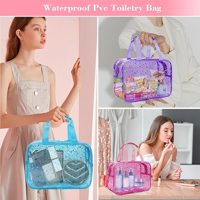 Clear Green Star Large Makeup Bag with Star Pattern 12x5x8 inch, Travel Cosmetic Bag with Handle, Durable PVC Material Washbag Zipper Opening Design for Makeup Travel Organizer or Gym Use